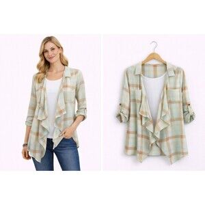 New Ellison Lightweight Draped Topper Medium Brown Green Plaid